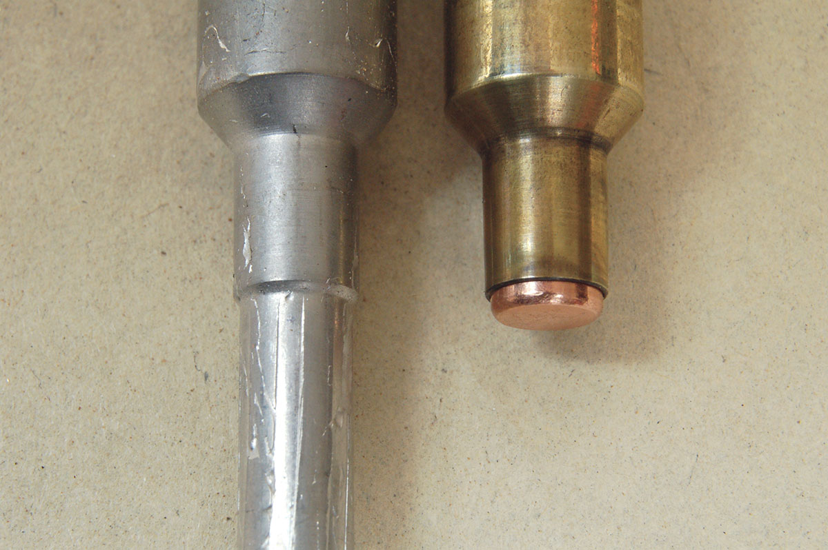 A chamber cast and a reverse seated bullet show the short throat length encountered in the Ruger No. 3. Gil is not certain if this length is standard.